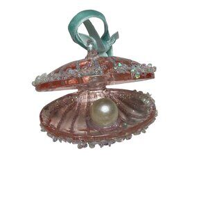 Pink Glitter Seashell Ornament With Pearl Center & Ribbon Hanger